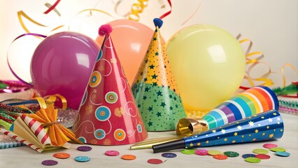 Colorful birthday party decorations with balloons, hats, and festive items for a fun celebration
