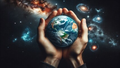 Hands holding planet Earth against a background of galaxies and stars in outer space. Concept of global care and universe