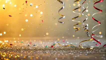 Christmas party celebration with champagne, snowflakes, and sparkling lights in a winter setting, featuring a decorated tree, bright blue background, and glowing bokeh effects