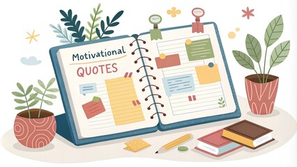 Illustration of seasonal herb sets with office and stationery elements in a business and educational theme, Opened notebook illustration