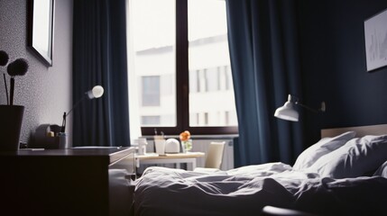 Cozy bedroom with a bed, desk, and natural light