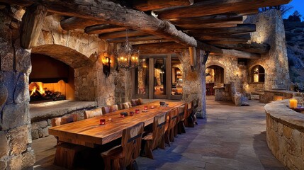 Obraz premium Rustic and Cozy Outdoor Dining at Dusk in a Stone Patio