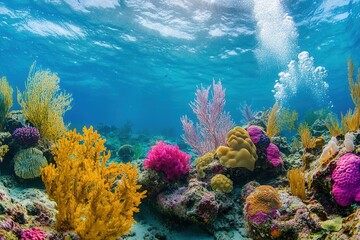 Naklejka premium Vibrant underwater coral reef with colorful marine life.