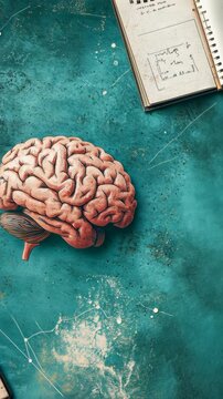 Brain illustration on turquoise background with notes and sketches scattered around