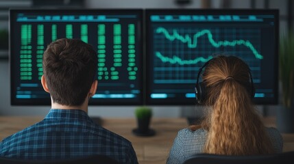 Analyzing financial data trends modern office digital screens professional environment back view data analytics insights