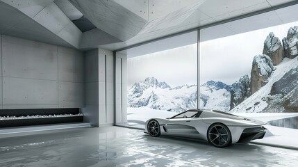 Luxury Eco-Futurism - Sleek White and Gray Electric Car with Minimalist Interior, Parked by Large Windows Overlooking Snowy Mountain View