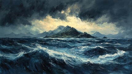 Storm approaching a lone island in the sea, dark clouds and choppy waves, 