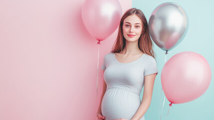 Pregnant woman holding pink and silver balloons on a pink and blue background, symbolizing a gender reveal party