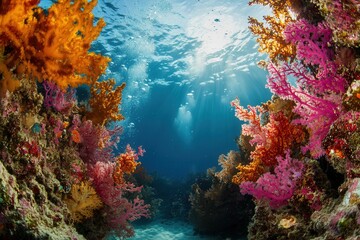 Obraz premium Vibrant underwater scene with colorful coral reefs.