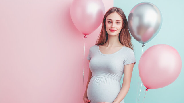 Pregnant woman holding pink and silver balloons on a pink and blue background, symbolizing a gender reveal party