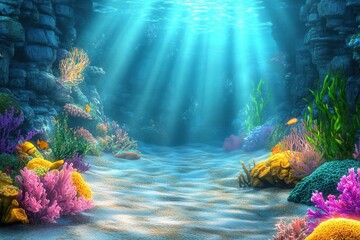 Vibrant underwater scene with colorful corals and light rays.