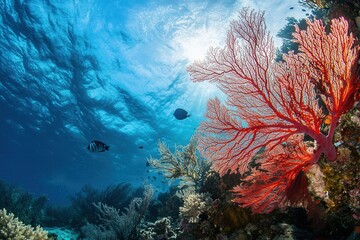 Vibrant underwater scene with coral and fish.