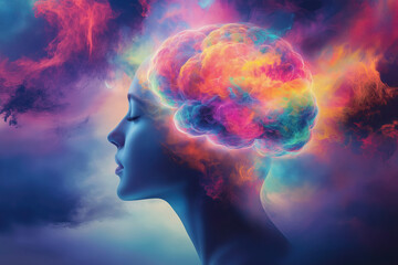Obraz premium Vivid imagination. Beautiful woman with a colorful, dreamlike brain in the sky.