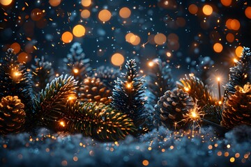 Festive Holiday Pinecones and Evergreen Branches with Sparkling Lights for Christmas Decoration