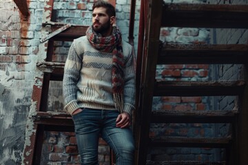Stylish man in sweater  jeans  scarf near brick wall.