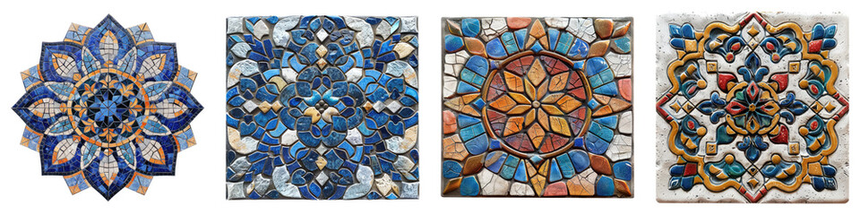 Decorative mosaic tile piece isolated on transparent background, Set of