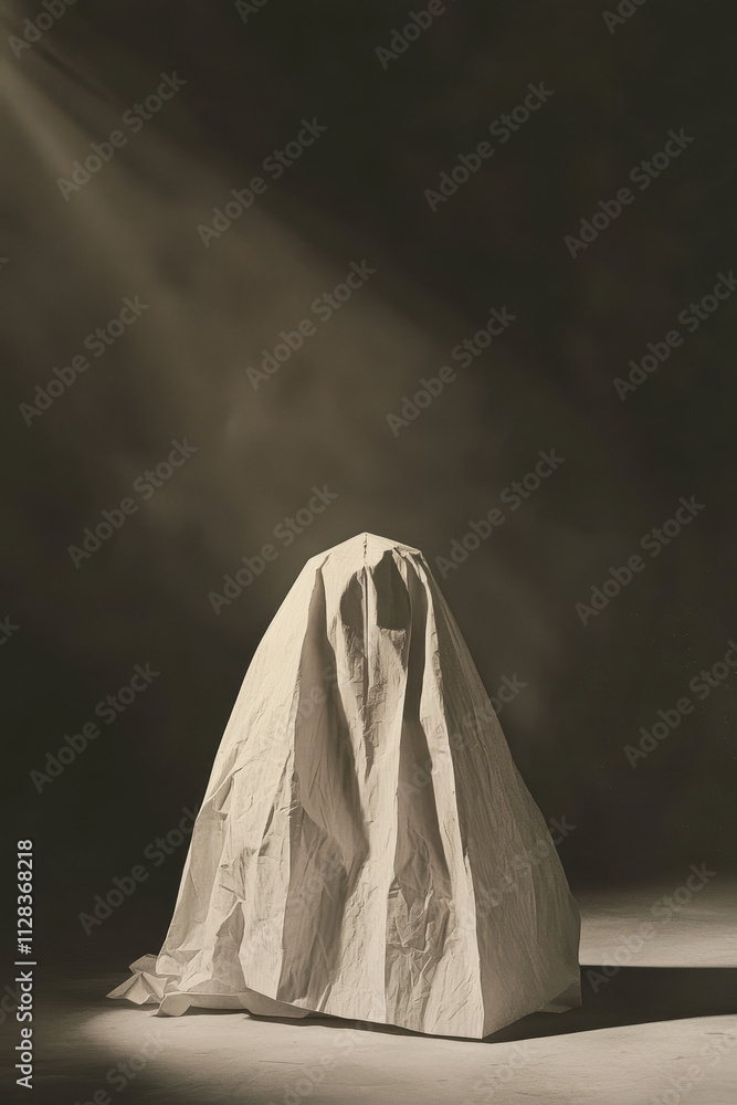 Poster exploring the enigmatic form: a mysterious shrouded object capturing mood and imagination in dim lig