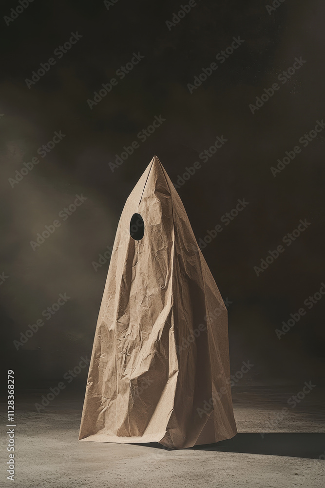 Poster exploring mystical shadows: the intriguing symbolism of a lone figure draped in mystery and expressi
