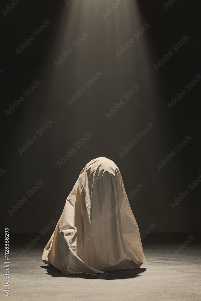 Poster mystical alone: spotlight on a draped form in a darkened space evoking serenity and enigma