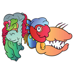 Vector illustration of Doodle cute Monster, face, bite, smiling background ,Hand drawing Doodle