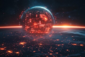 Futuristic glowing sphere hovering over a planet with intricate digital patterns and vibrant colors in a cosmic setting