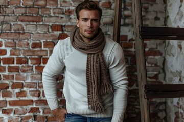Obraz premium Stylish man in sweater jeans scarf near brick wall.