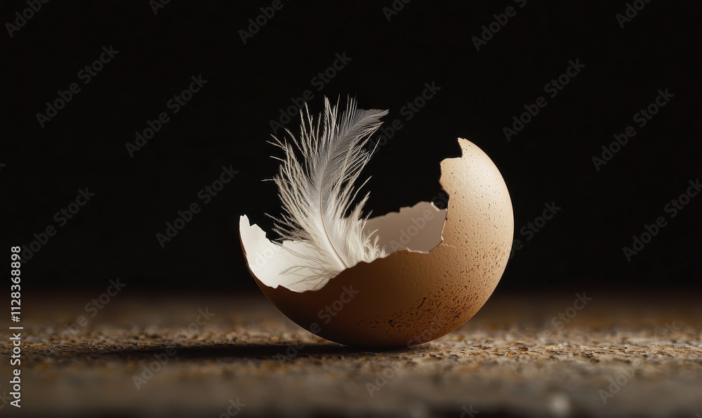 Poster exploring the fragile beauty and symbolism of a feather nestled in a broken eggshell under gentle li