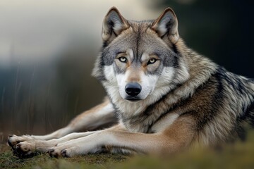 Fototapeta premium Majestic wolf resting in a serene natural setting during early morning light