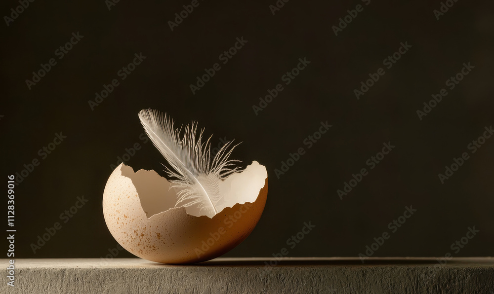 Poster exploring the delicate balance of nature: a feather resting within a fragile eggshell as a symbol of