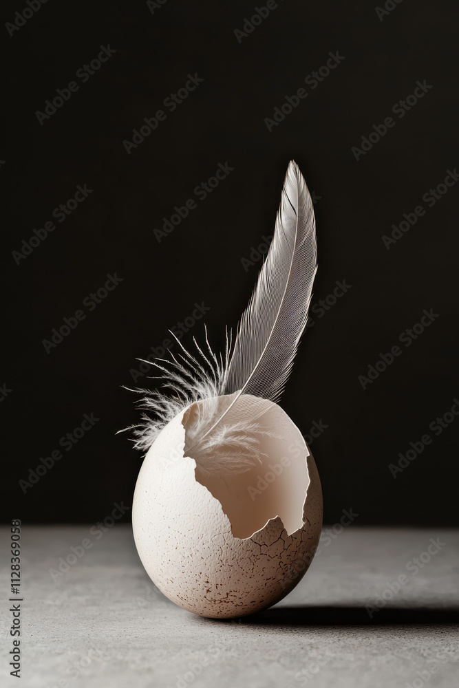 Aufkleber exploring fragility: a delicate feather balances within a broken eggshell, symbolizing harmony and m