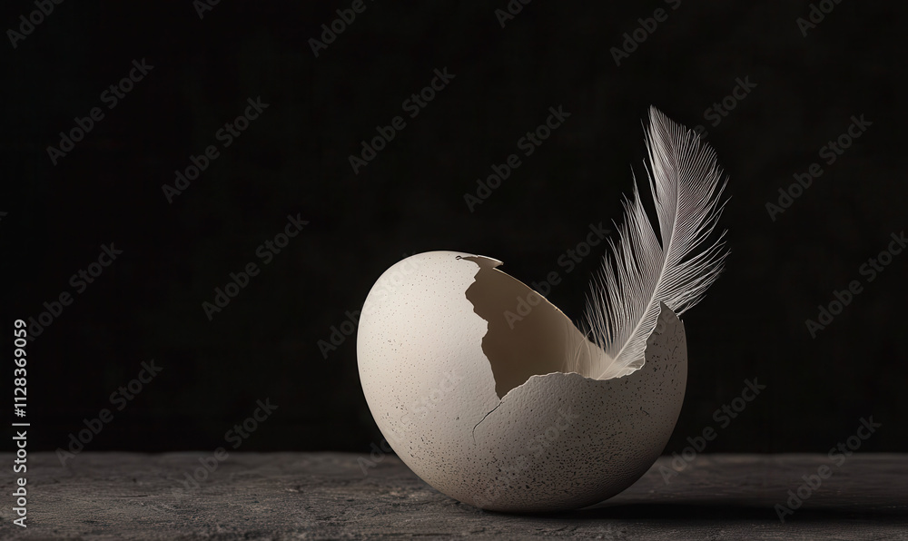 Poster symbolic representation of new beginnings: delicate feather in a cracked eggshell emphasizes life em