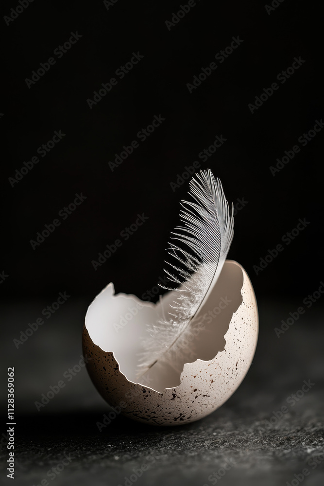 Poster captivating minimalist composition of a feather nestled in a broken egg shell illustrating themes of