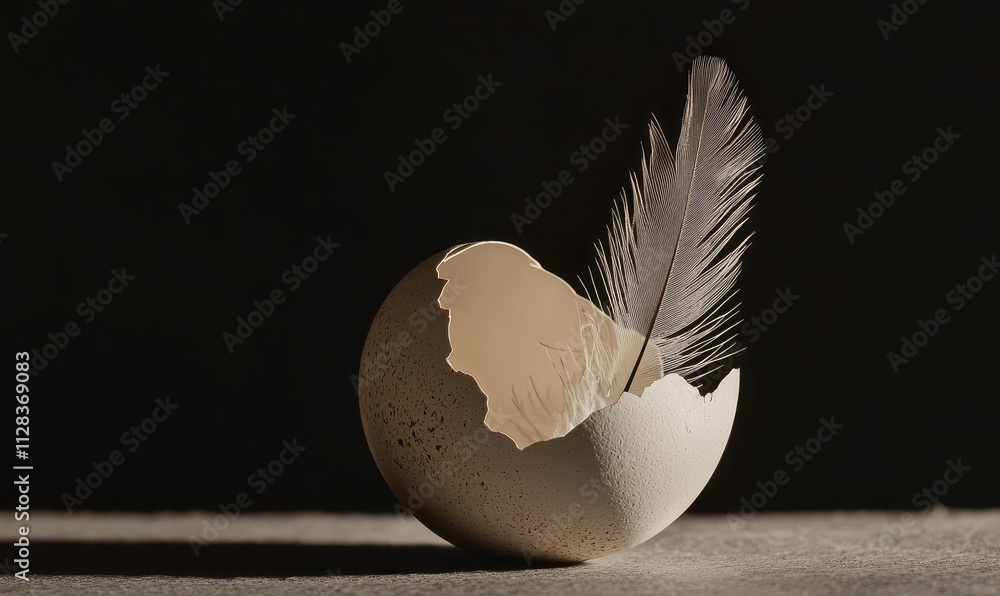 Poster symbolic representation of new beginnings: a feather nestled in a broken eggshell illuminated by sof