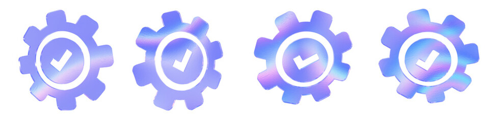 Set of 4 3d glass tick mark in a gear shape with aberration effect isolated on a transparent background. Blue tone. 3d transparent elements for graphic design.