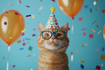  Ginger Cat Celebrating Birthday with Party Hat, Glasses, and Confetti Surrounded by Balloons