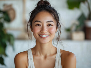 An Asian woman with a radiant smile, exuding natural beauty and positivity