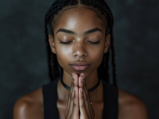 A American woman meditating with serene expression