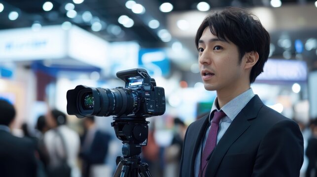 A news correspondent from Japan reporting live from a bustling technology expo