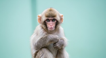 Fototapeta premium Young japanese macaque against a minimalist aqua background for nature and wildlife themes
