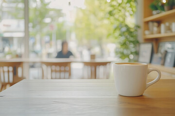 Close-up of a white coffee mug on a wooden table in a modern cafe, with blurred people sitting at the tables. . The natural lighting creates a bokeh effect, cinematic style.