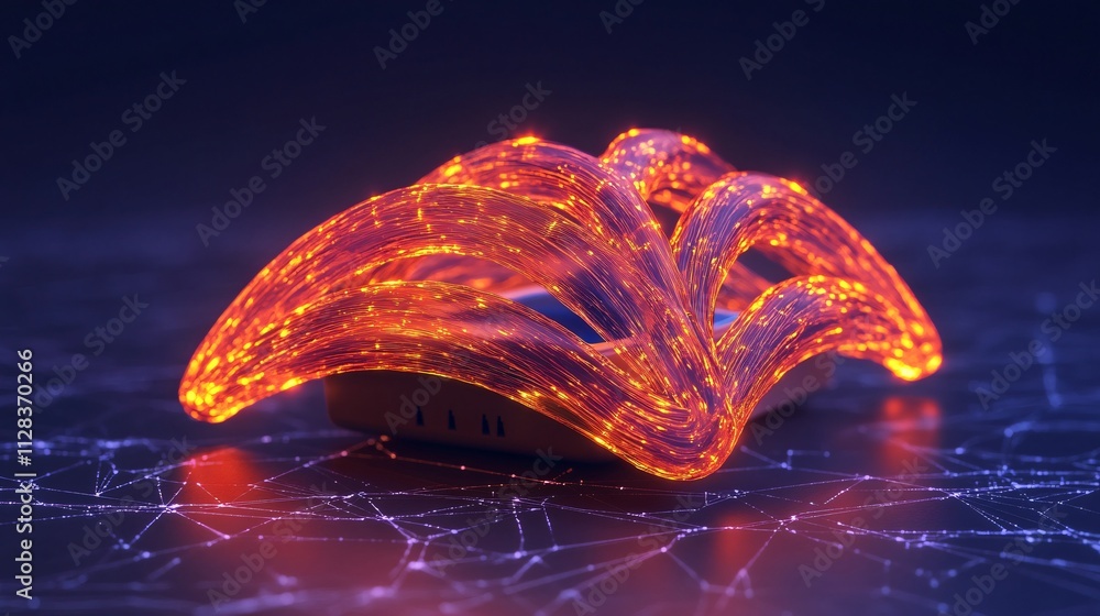 Poster abstract visualization of glowing data flow emanating from a central device, representing technology