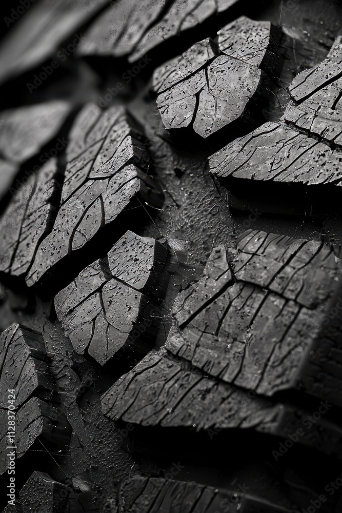 Poster close-up study of tire tread design highlighting textural details and structural patterns in black r