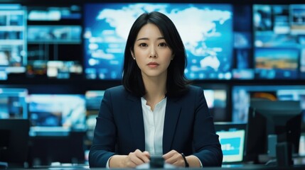 A news presenter from Japan summarizing global stories in a sleek, high-tech set