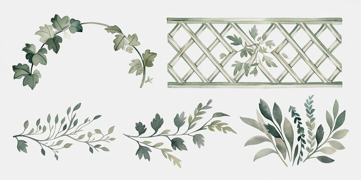 Watercolor Greenery Lattice Fence Botanical Design Elements