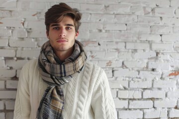 Obraz premium Handsome man in warm sweater and scarf near white wall.