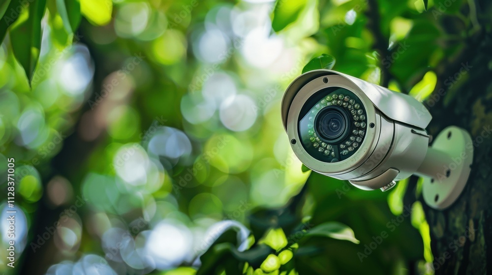 Aufkleber modern security camera mounted on a tree, actively monitoring the surrounding area while blending se