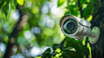 Modern security camera mounted on a tree, actively monitoring the surrounding area while blending seamlessly into the blurred green foliage, enhancing safety and surveillance efforts