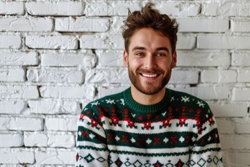 Fototapeta premium Happy man in Christmas sweater near white brick wall portrait.