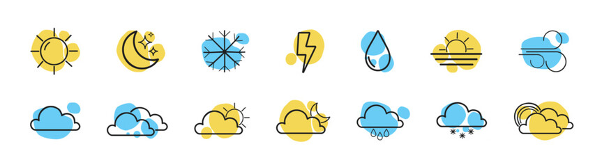 Set of Weather Related Vector Line Icons. Weather temperature line icon set. Meteorological symbols. Sunny, cloudy, rainy, thunderstorm, windy, snow etc. 