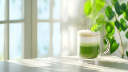 Matcha coconut concept. Refreshing layered drink with green tea and cream, garnished with mint.